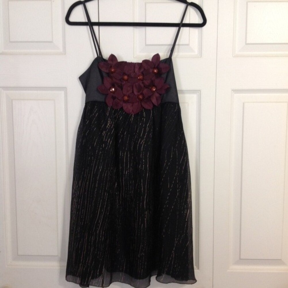 BURLAPP Size 4 Black Gold Maroon Silk Mini Dress Sleeveless Lined Floral Stretch